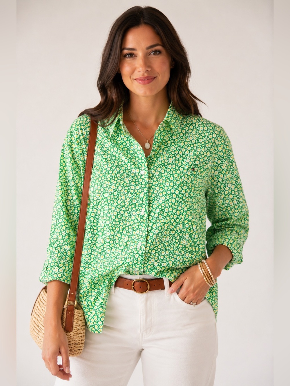 Tommy Hilfiger Green Daisy Floral Button-Up Shirt XL Cottagecore Long Sleeve